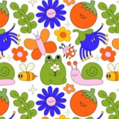 Wrapping paper design with flowers, snail, fruit and toy.