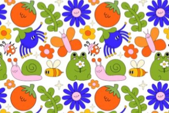 Wrapping paper design with flowers, snail, fruit and toy.