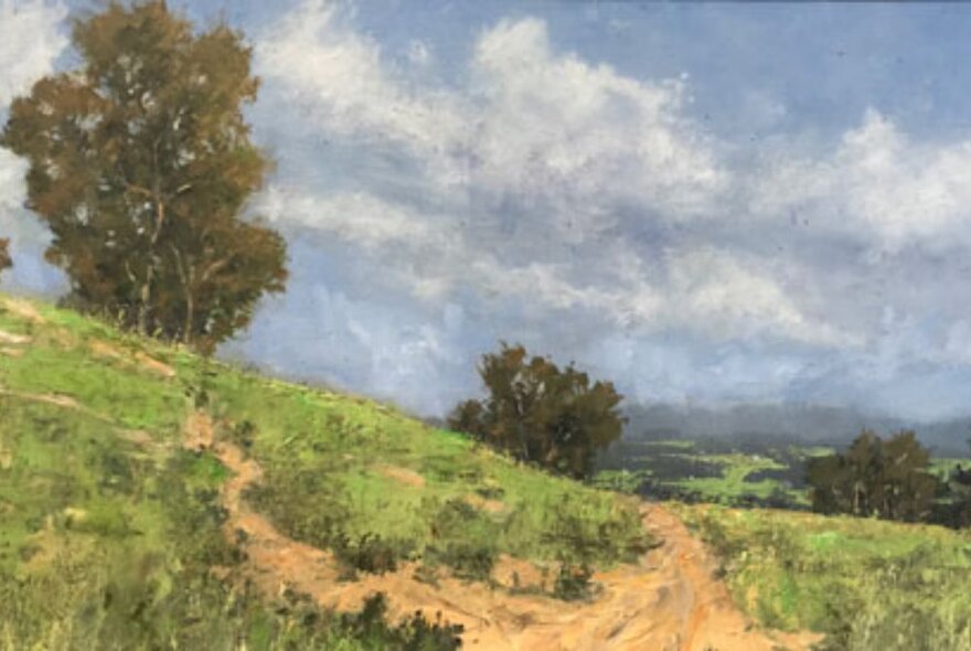 Vibrant landscape painting of cloudy sky, green fields and trees, painted from life on-site.