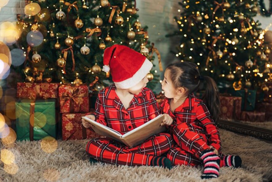 Two children wearing tartan pyjamas, one with a Santa hat, seated beneath a Christmas tree reading an open book.