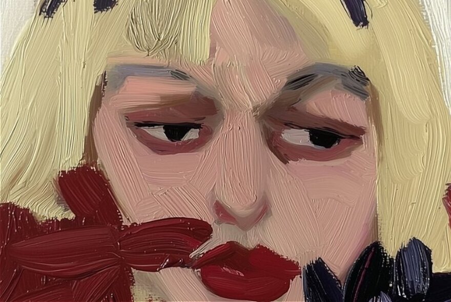 A broad-stroked painted portrait of a woman with a blonde bob and red lipstick.