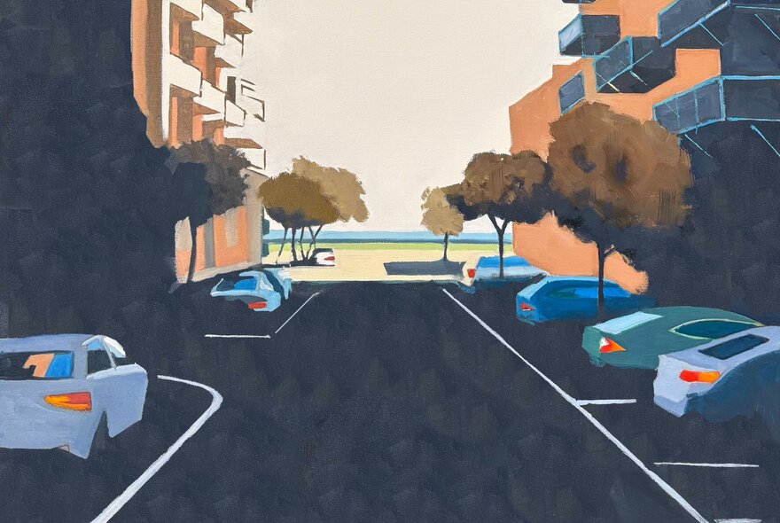 Contemporary landscape of parked cars, trees and rows of apartment buidings with the sea in the distance.