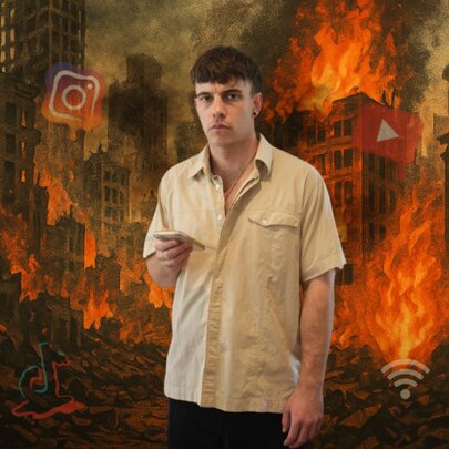 A man in a plain shirt looking expressionless against a fiery backdrop with burning buildings and faint watermarks of Instagram, YouTube and WiFi.