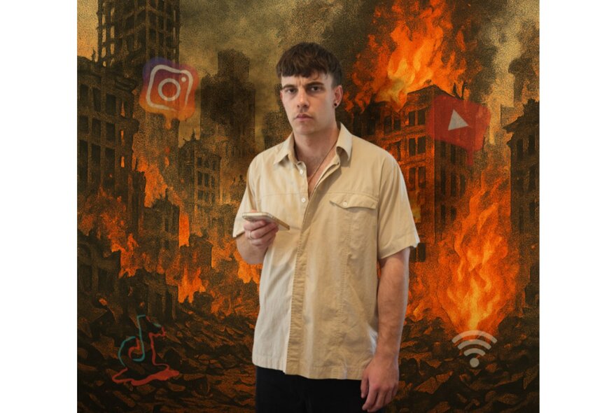 A man in a plain shirt looking expressionless against a fiery backdrop with burning buildings and faint watermarks of Instagram, YouTube and WiFi.