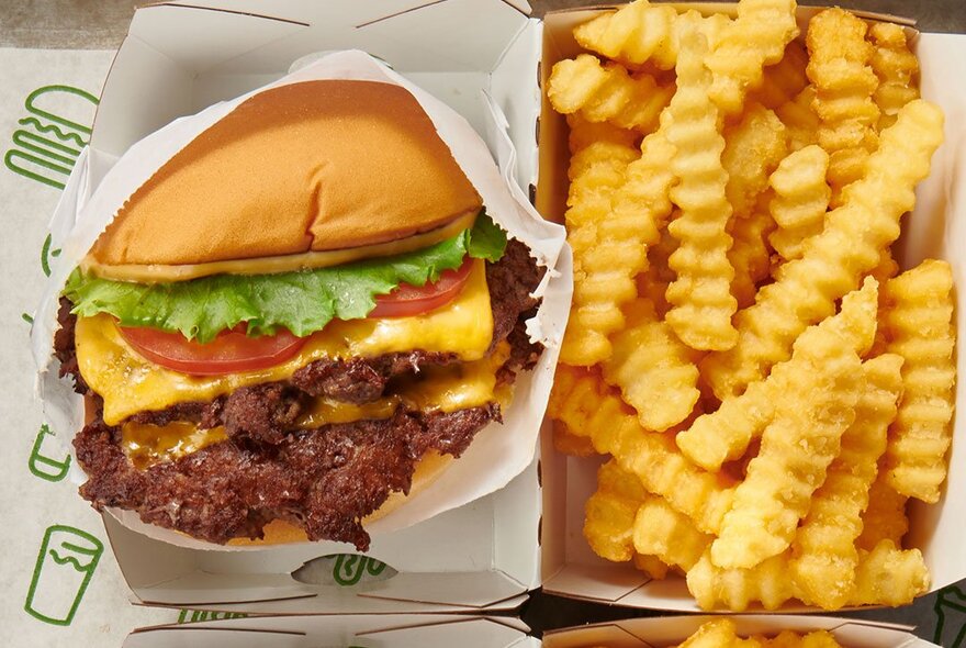 A cheeseburger and crinkle cut fries.