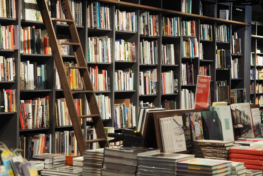 Books on shelves of bookshop.