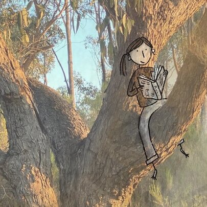 Drawing of a child seated in a tree reading a book.