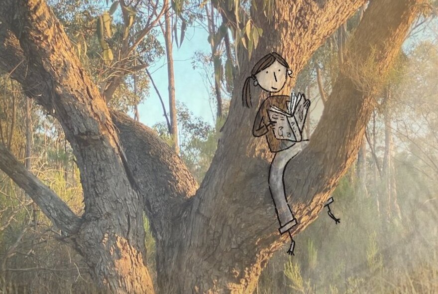 Drawing of a child seated in a tree reading a book.