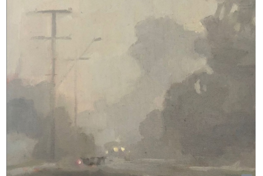 Artwork depicting a streetscape under fog with tall power poles visible and oncoming car headlights. 