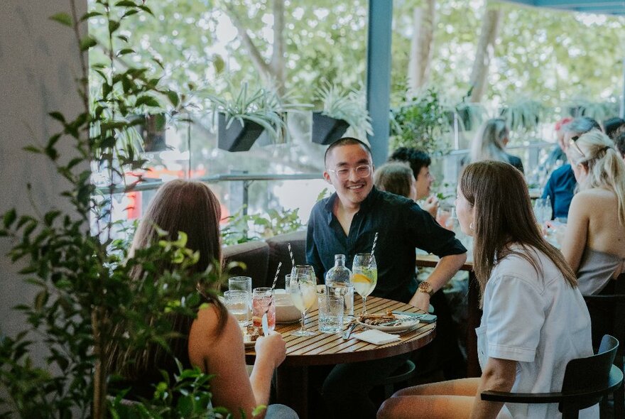 A group of people sitting eating and drinking at a table in an outdoor terrace bar with green plants around them.