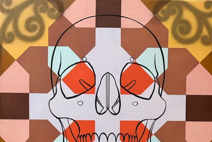 Line drawing of a human skull in black, against a yellow and red patterned background.