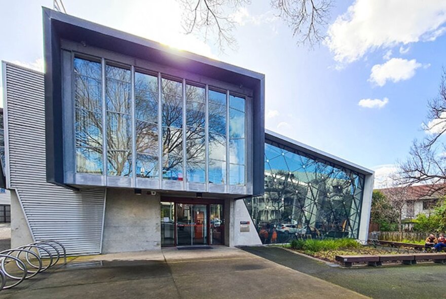 The modern exterior of East Melbourne Library.