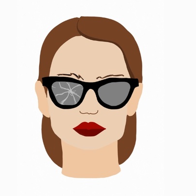 Graphic illustration of a woma wearing sunglasses with one lens smashed.