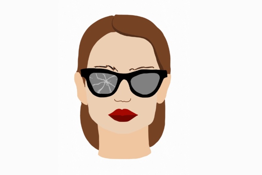 Graphic illustration of a woma wearing sunglasses with one lens smashed.