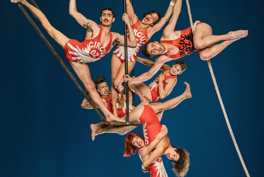 Members of Circus Oz all tangled high up on ropes. 