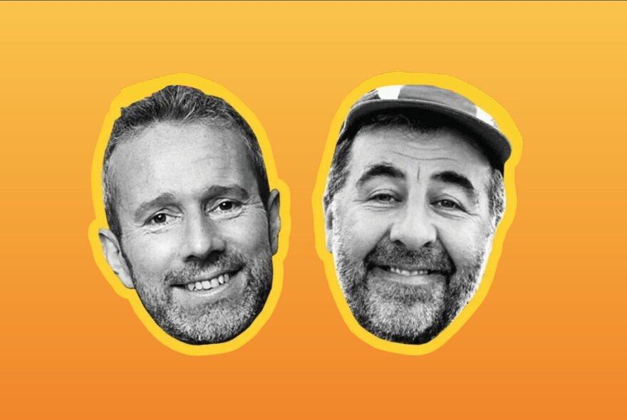 The floating heads of comedians Max Rushden and David O’Doherty, in black and white against a bright orange background.