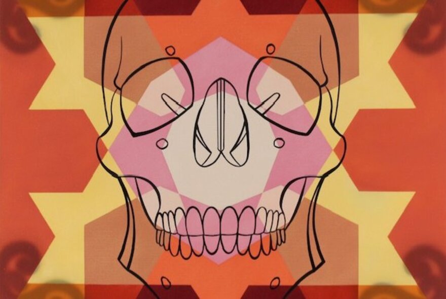 Line drawing of a human skull in black, against a yellow and red patterned background.