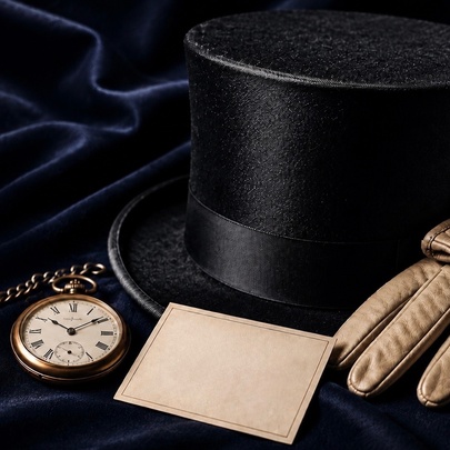 A vintage-style black top hat, a fob watch, a blank note card and a pair of leather gloves on a table.
