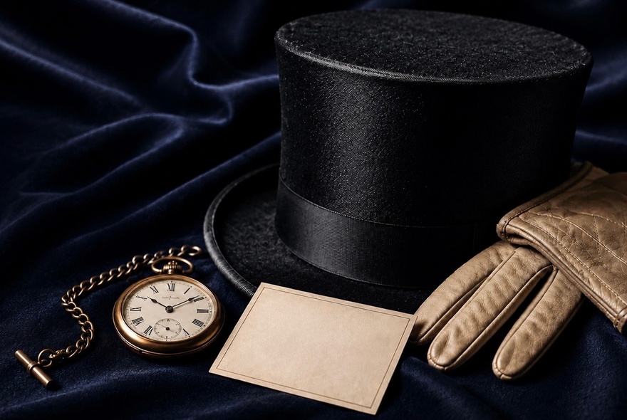 A vintage-style black top hat, a fob watch, a blank note card and a pair of leather gloves on a table.