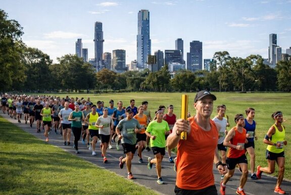 Runners following a leader carrying a baton through parkland with city buildings in the background.