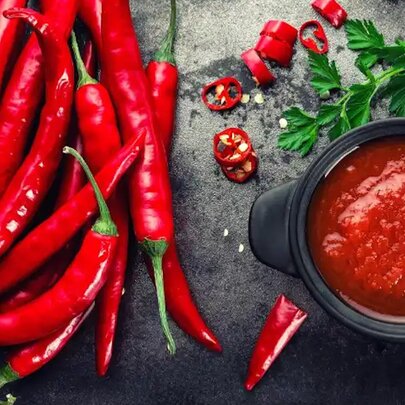 Fresh and sliced red chilli peppers next to a pot of sauce.