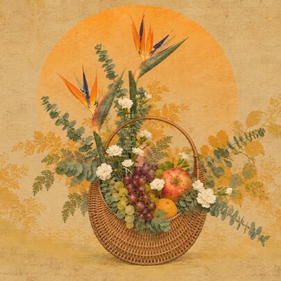 A still-life painting of a woven basket filled with an arrangement of colourful flowers, green foliage, and assorted fruits like grapes and an apple against a warm, textured gold-toned background.