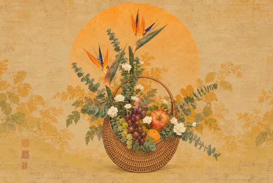 A still-life painting of a woven basket filled with an arrangement of colourful flowers, green foliage, and assorted fruits like grapes and an apple against a warm, textured gold-toned background.