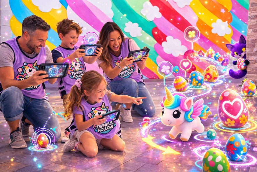 A smiling family of two adults and two children, all wearing purple vests and holding augmented reality devices, interacting with a digitally projected image of a cute unicorn and brightly coloured Easter eggs, that displays as part of an augmented reality game for families.