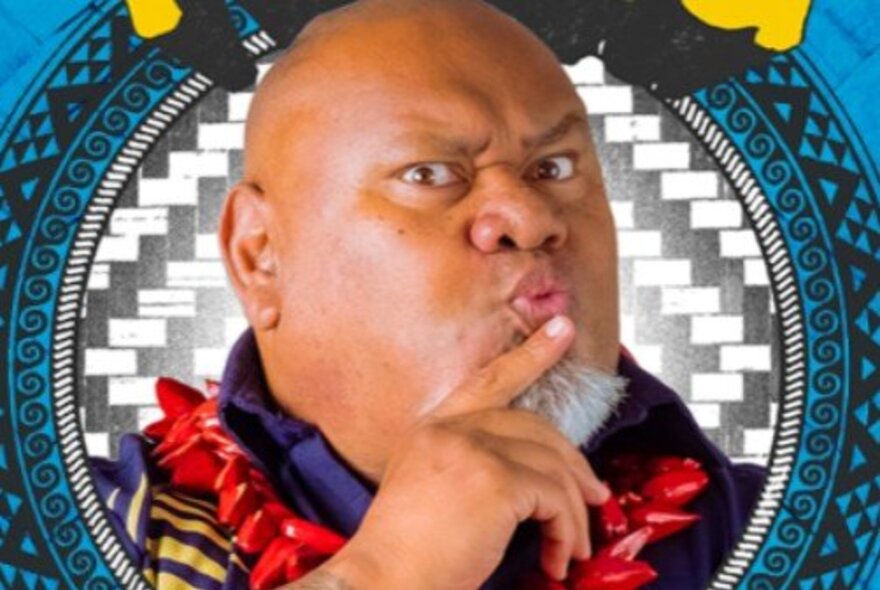 Samoan comedian, Tofiga Fepulea'i with his finger to his chin making an 'ooh' expression.