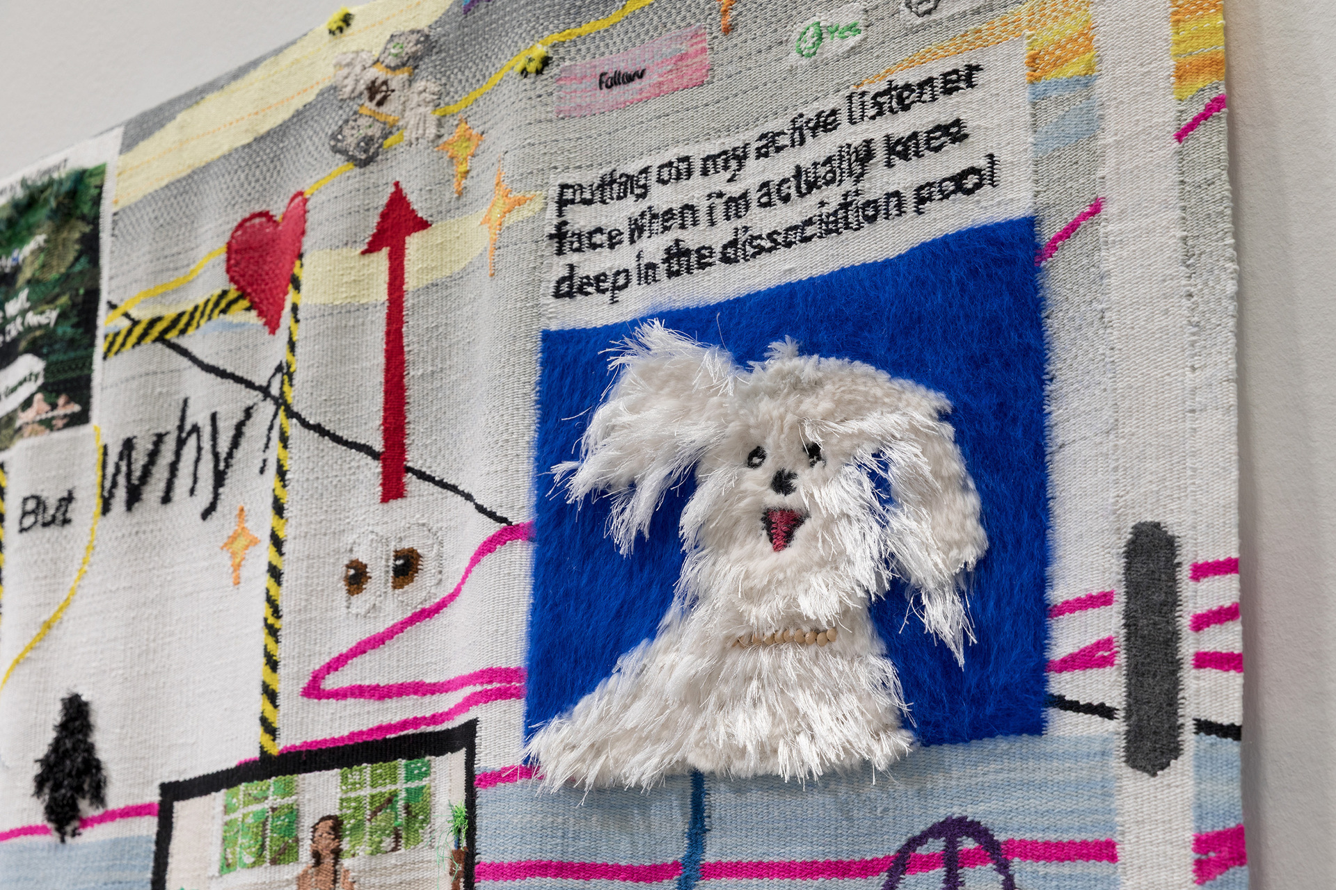 A tapestry of a dog and other shapes and motifs