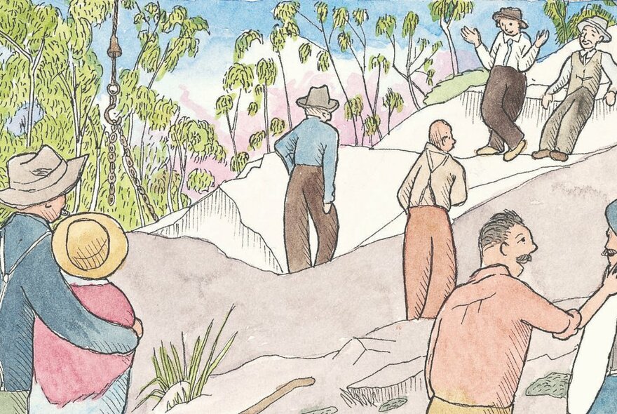 Illustration from a graphic novel about the Shrine of Remembrance that shows people standing on low lying rocks in the bush, rocks and listening to someone talk.