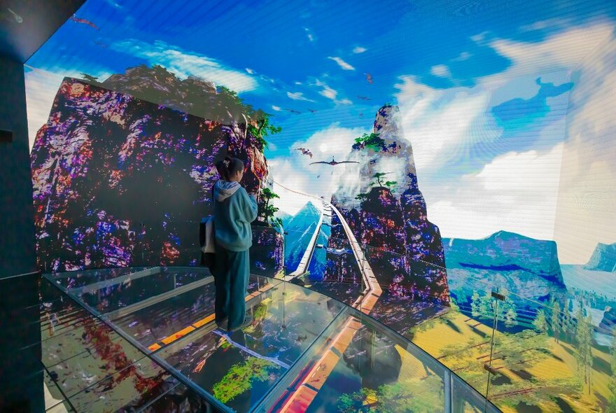 Person standing on a glass floor in a room projecting a virtual reality landscape of peaked mountains and valleys.