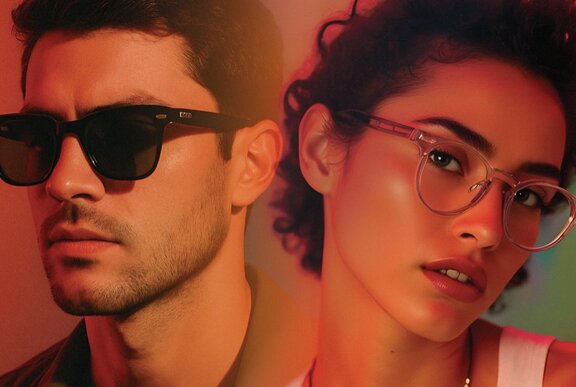 A male model wearing sunglasses, and a female model wearing seeing eye glasses.