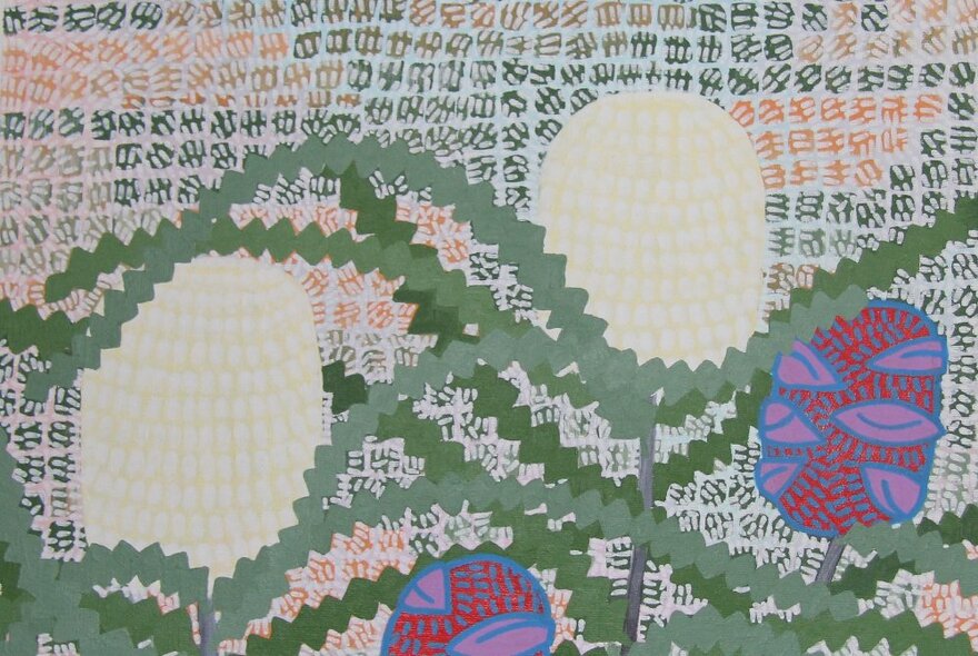 Acrylic painting of banksia flowers in varying colours and shapes, with green sawtooth foliage.