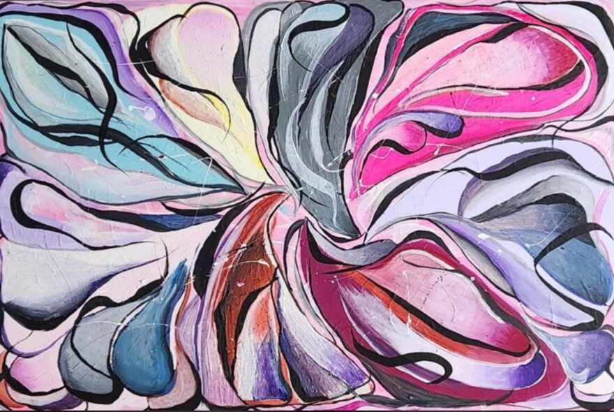 Abstract painting of curved lines in blues, pinks, black and grey.