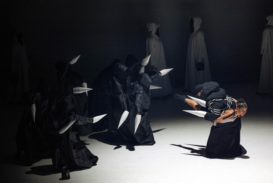 Dancers on a dark stage with a spotlight - the dancers are wearing black costumes; some figures in the foreground have white, spike-like cones attached to their hands and are in crouched or bent-over poses. 