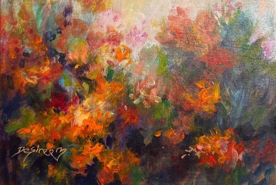 An abstract impressionist painting of vibrant floral imagery dominated by warm orange and red tones.