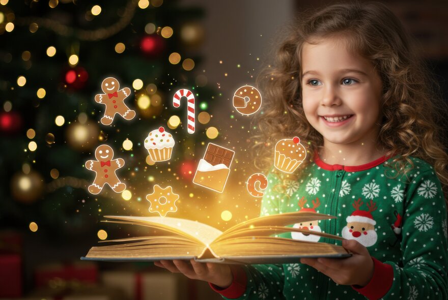 A little girl in a Christmas jumper opening a book with Christmas symbols jumping out and a golden light.