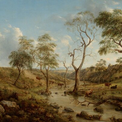 An oil painting of a rocky watercourse with river red gums and grazing cattle, dating from the mid-1850s.
