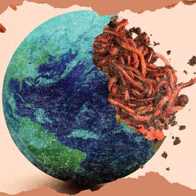 An illustration of Earth as a cracked ball, with a jumble of earthworms and dirt spilling out.