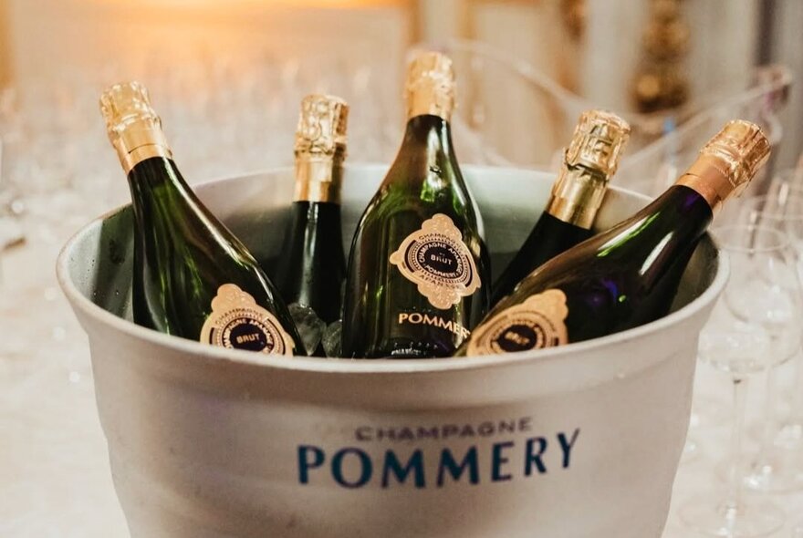 Ice bucket full of bottles of Champagne on ice.