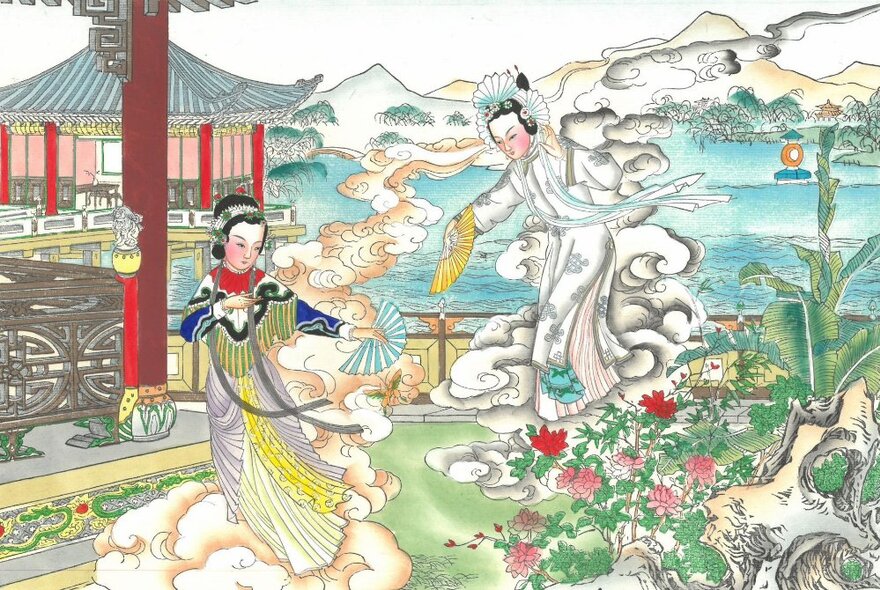 A traditional Chinese painting featuring two figures in traditional dress in a garden; temple and mountains in the background. 