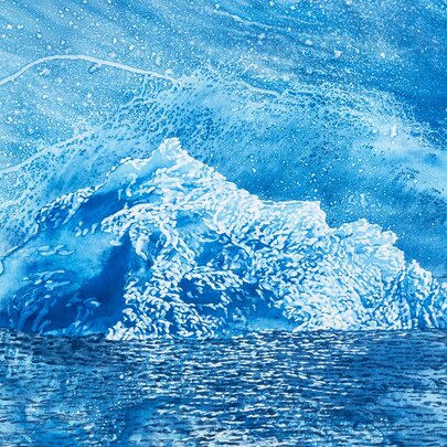 Hand-painted artwork in blue watercolour depicting an Antarctic iceberg at night.