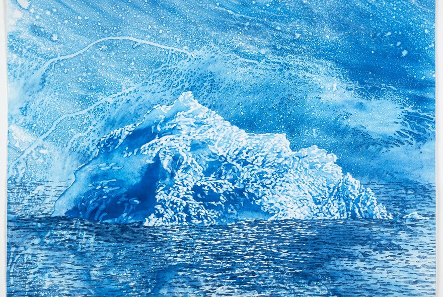 Hand-painted artwork in blue watercolour depicting an Antarctic iceberg at night.