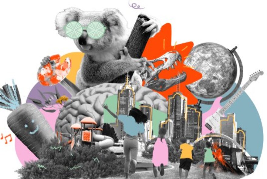 A graphic representation of four children running along a path in Melbourne, with images such as koalas, globes, guitars, carrots, a brain, pasted behind.