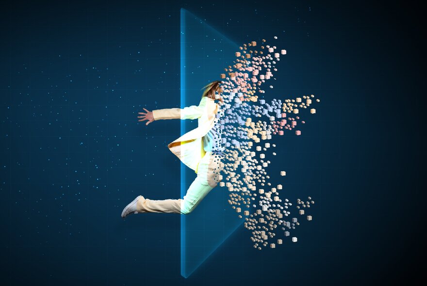 A figure running into another dimension, turning into fragments.