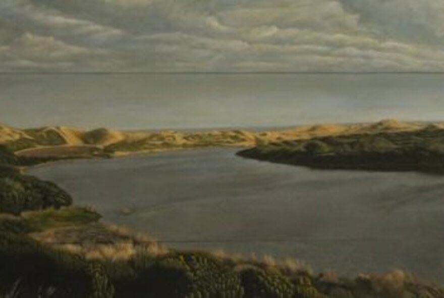 An example of Michael Bragge's 6x4 inch landscape paintings, showing a river mouth and the sea beyond.