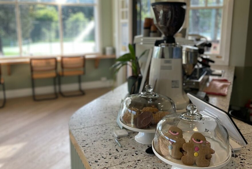 A coffee machine and plates of sweet biscuits arranged on a counter in a cafe, with a large window and chairs in the background.