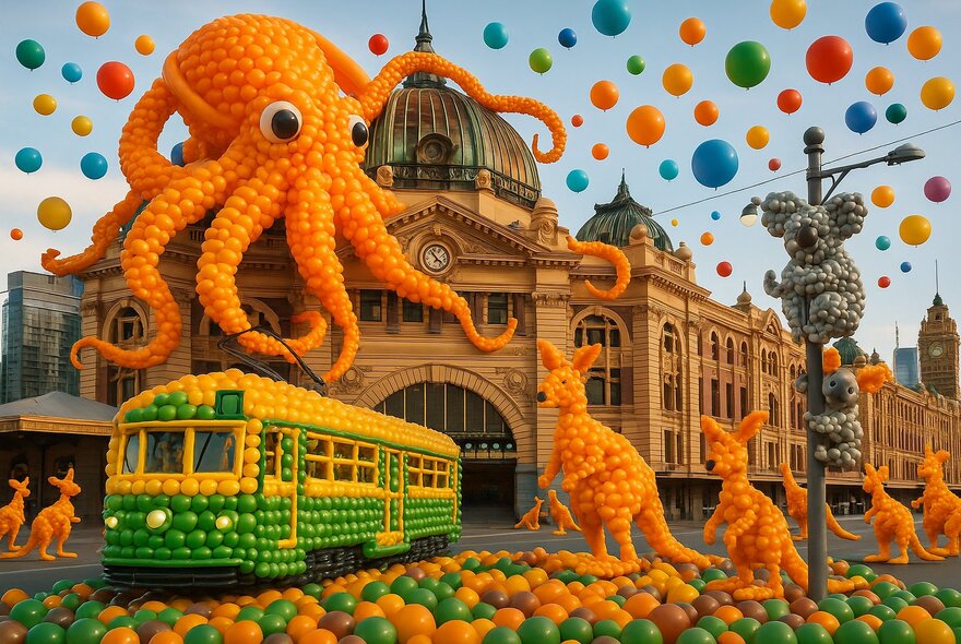 Balloon display of octpus and kangaroos surrounding a tram and Flinders Street Station.