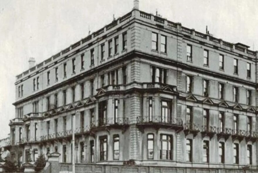 Vintage black and white photograph of Cliveden in East Melbourne, a grand four-storey residence.